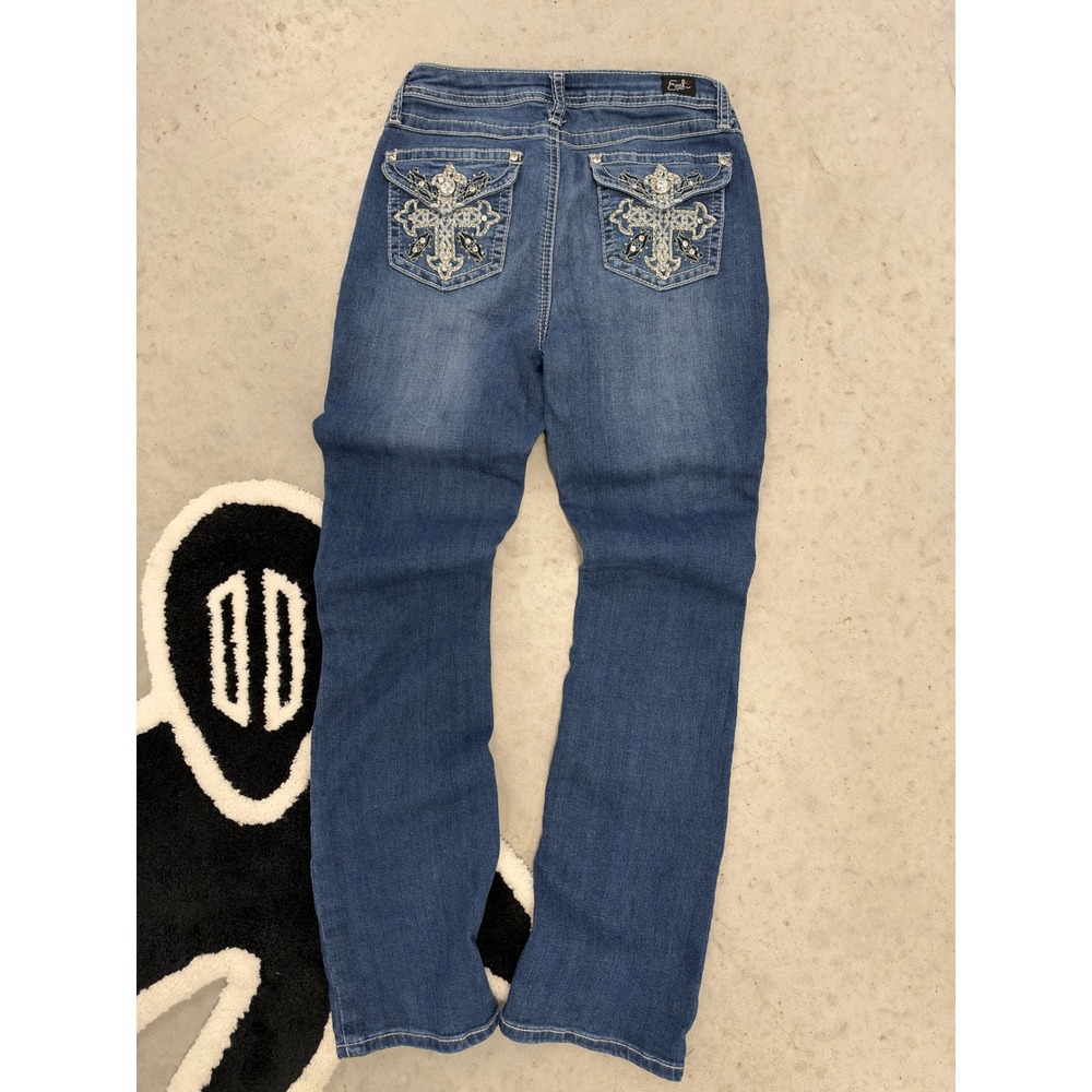 Earl Jean Slim Boot Medium Wash Rhinestone Cross Flap Pocket Jeans Womens 6